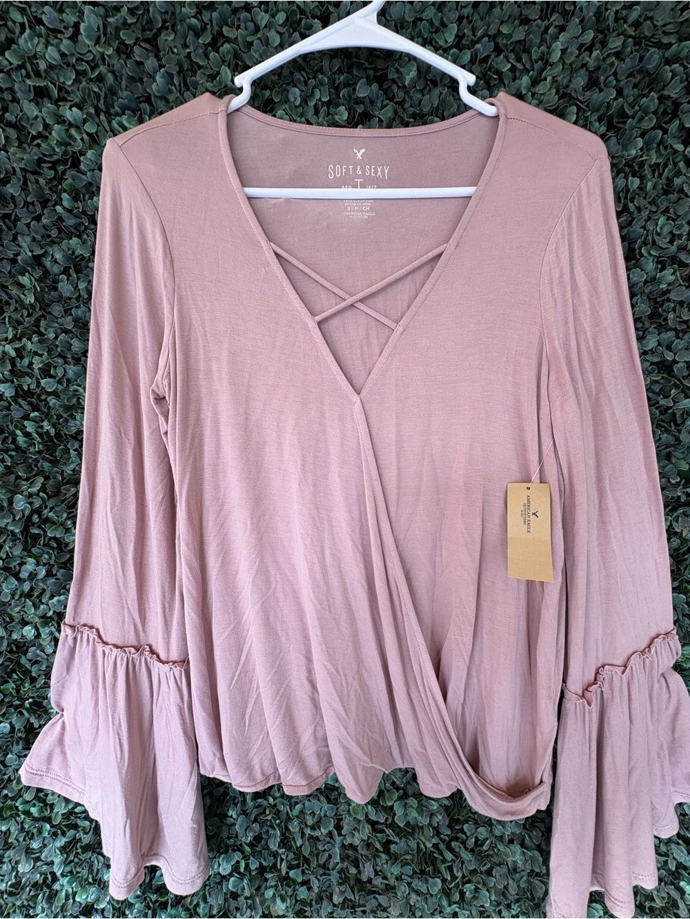 American Eagle Women's Blush Pink Wrap Front Long Sleeve Top